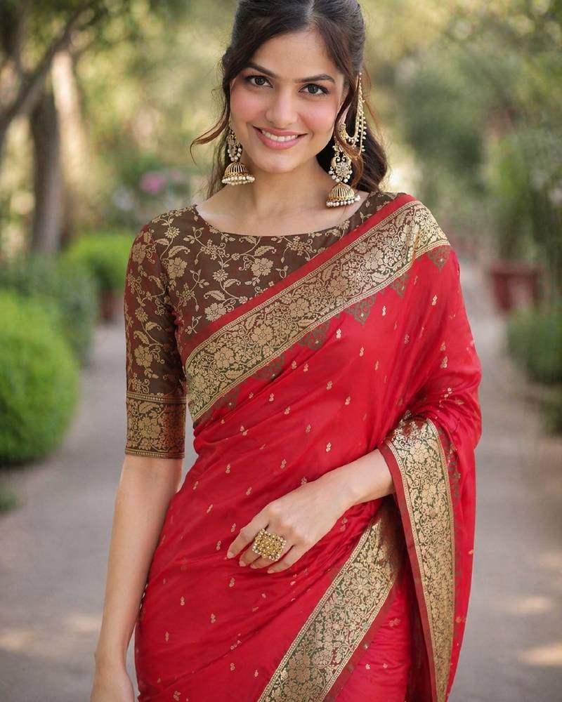 Red soft silk banarasi jacuard work designer party wear saree with unstitched blouse piece