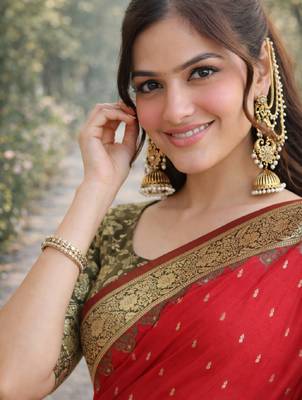 Red silk blend banarasi saree with unstitched blouse piece 2