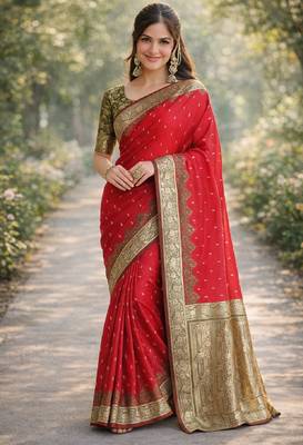 Red silk blend banarasi saree with unstitched blouse piece 3