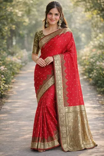 Red silk blend banarasi saree with unstitched blouse piece