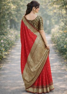 Red silk blend banarasi saree with unstitched blouse piece 4