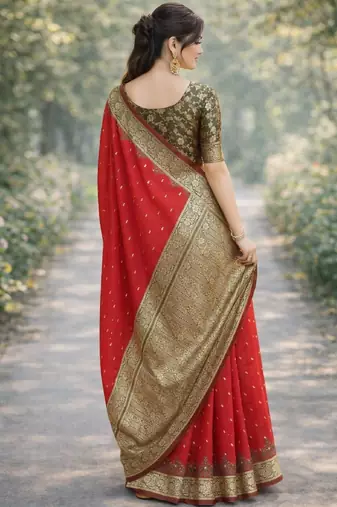 Red silk blend banarasi saree with unstitched blouse piece
