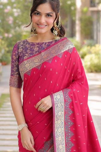Pink soft silk banarasi jacuard work designer party wear saree with unstitched blouse piece