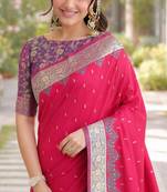 Pink silk blend banarasi saree with unstitched blouse piece