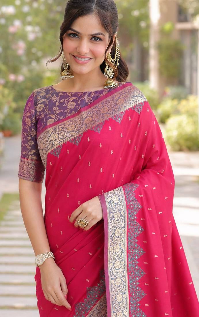 Pink soft silk banarasi jacuard work designer party wear saree with unstitched blouse piece