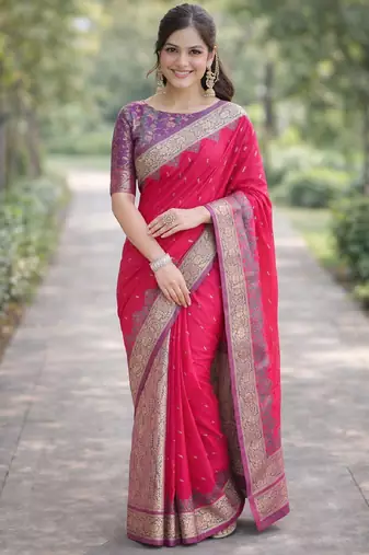 Pink silk blend banarasi saree with unstitched blouse piece