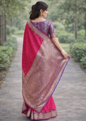 Pink silk blend banarasi saree with unstitched blouse piece 4