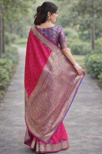 Pink silk blend banarasi saree with unstitched blouse piece