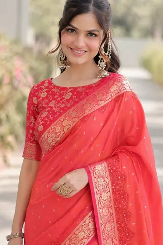 Orange soft silk banarasi jacuard work designer party wear saree with unstitched blouse piece