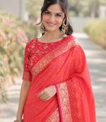 Orange silk blend banarasi saree with unstitched blouse piece