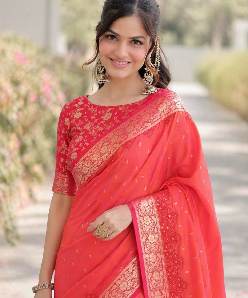 Orange soft silk banarasi jacuard work designer party wear saree with unstitched blouse piece