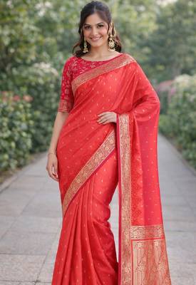 Orange silk blend banarasi saree with unstitched blouse piece 3