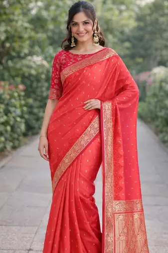 Orange silk blend banarasi saree with unstitched blouse piece