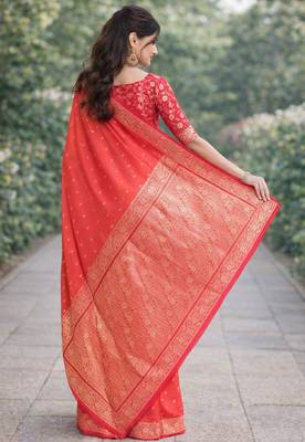 Orange silk blend banarasi saree with unstitched blouse piece 4