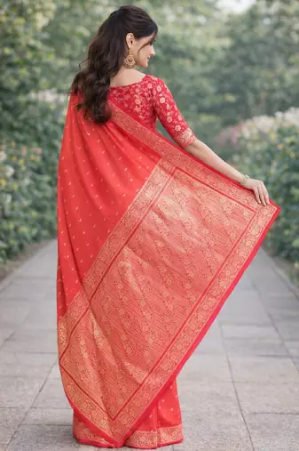 Orange silk blend banarasi saree with unstitched blouse piece