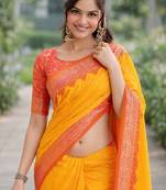 Yellow silk blend banarasi saree with unstitched blouse piece