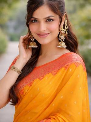 Yellow silk blend banarasi saree with unstitched blouse piece 2