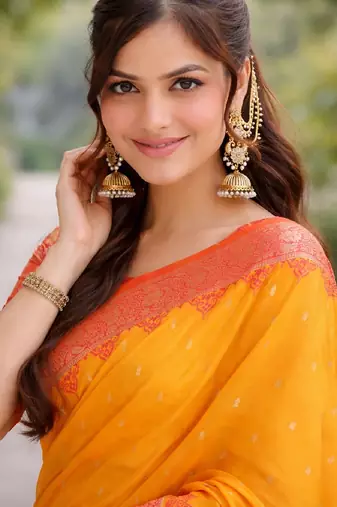 Yellow silk blend banarasi saree with unstitched blouse piece