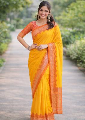Yellow silk blend banarasi saree with unstitched blouse piece 3