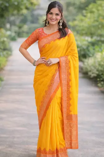 Yellow silk blend banarasi saree with unstitched blouse piece