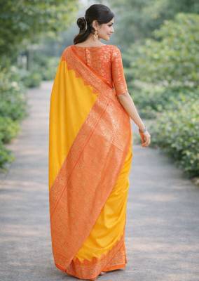 Yellow silk blend banarasi saree with unstitched blouse piece 4