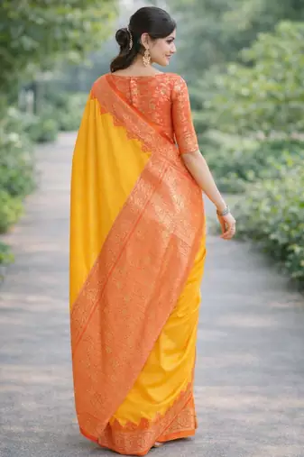 Yellow silk blend banarasi saree with unstitched blouse piece