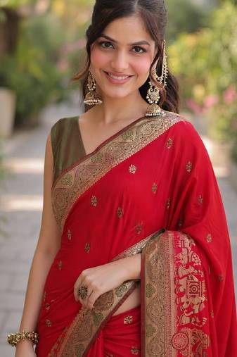 Red soft silk banarasi jacuard work designer party wear saree with unstitched blouse piece