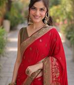 Red soft silk banarasi jacuard work designer party wear saree with unstitched blouse piece