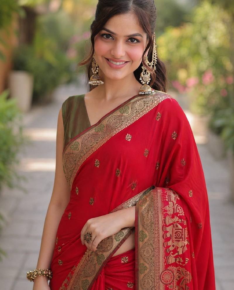 Red soft silk banarasi jacuard work designer party wear saree with unstitched blouse piece