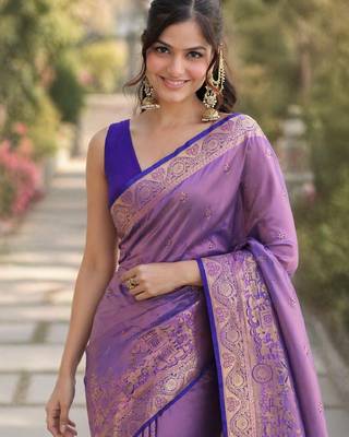 Lavender silk blend banarasi saree with unstitched blouse piece 1