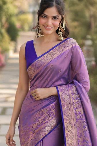 Lavender soft silk banarasi jacuard work designer party wear saree with unstitched blouse piece