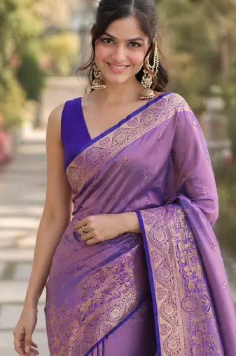 Lavender soft silk banarasi jacuard work designer party wear saree with unstitched blouse piece