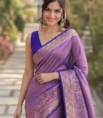 Lavender silk blend banarasi saree with unstitched blouse piece
