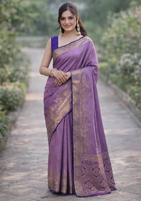 Lavender silk blend banarasi saree with unstitched blouse piece 3