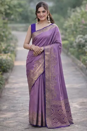 Lavender silk blend banarasi saree with unstitched blouse piece