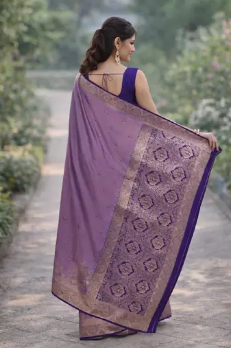 Lavender silk blend banarasi saree with unstitched blouse piece