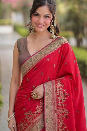 Pink soft silk banarasi jacuard work designer party wear saree with unstitched blouse piece