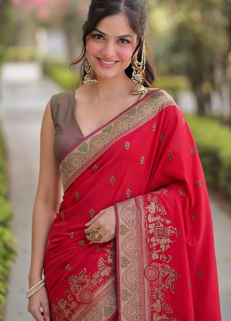 Pink soft silk banarasi jacuard work designer party wear saree with unstitched blouse piece