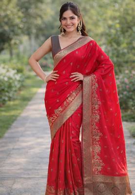 Pink silk blend banarasi saree with unstitched blouse piece 3