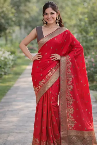 Pink silk blend banarasi saree with unstitched blouse piece