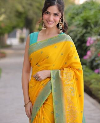 Yellow silk blend banarasi saree with unstitched blouse piece 2