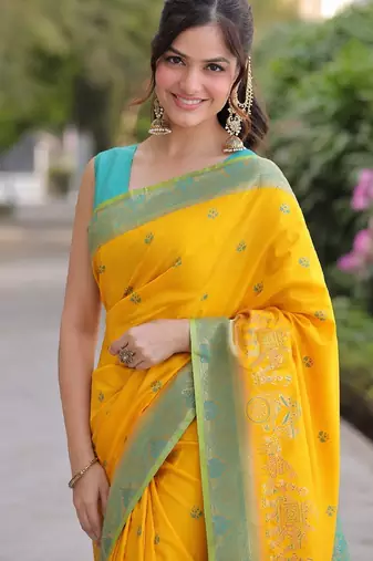 Yellow silk blend banarasi saree with unstitched blouse piece