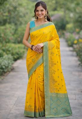 Yellow silk blend banarasi saree with unstitched blouse piece 3