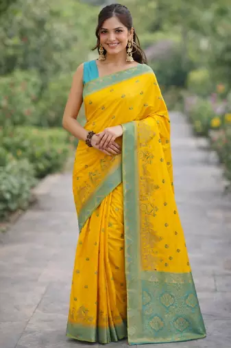 Yellow silk blend banarasi saree with unstitched blouse piece
