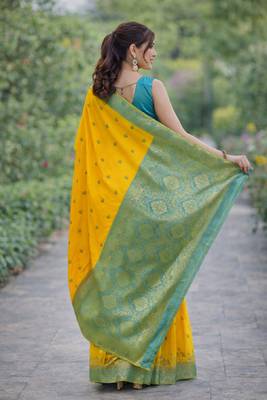 Yellow silk blend banarasi saree with unstitched blouse piece 4