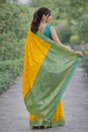 Yellow silk blend banarasi saree with unstitched blouse piece