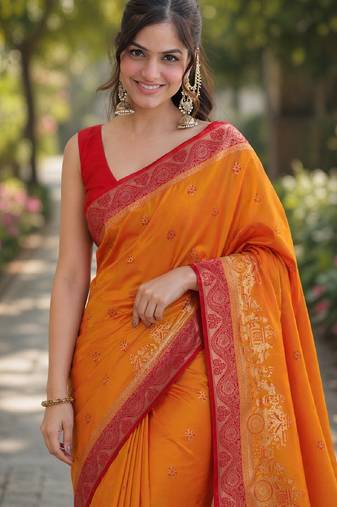 Orange soft silk banarasi jacuard work designer party wear saree with unstitched blouse piece