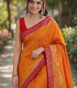 Orange silk blend banarasi saree with unstitched blouse piece