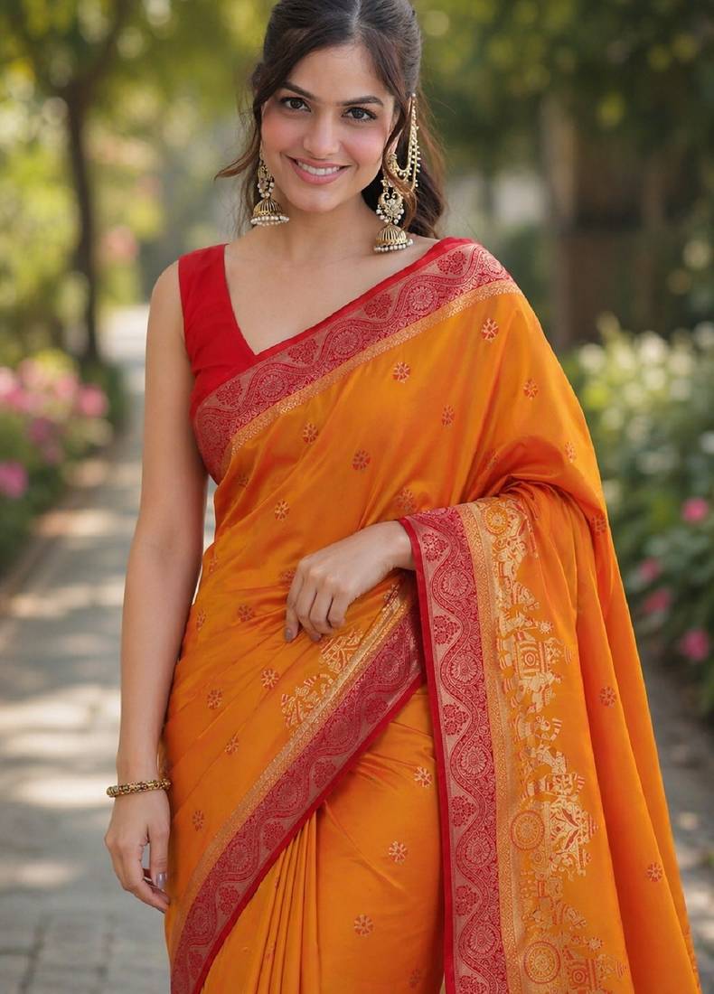 Orange soft silk banarasi jacuard work designer party wear saree with unstitched blouse piece