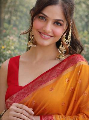 Orange silk blend banarasi saree with unstitched blouse piece 2